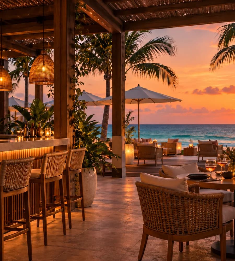 Welcoming terrace seating with palms and warm natural textures
