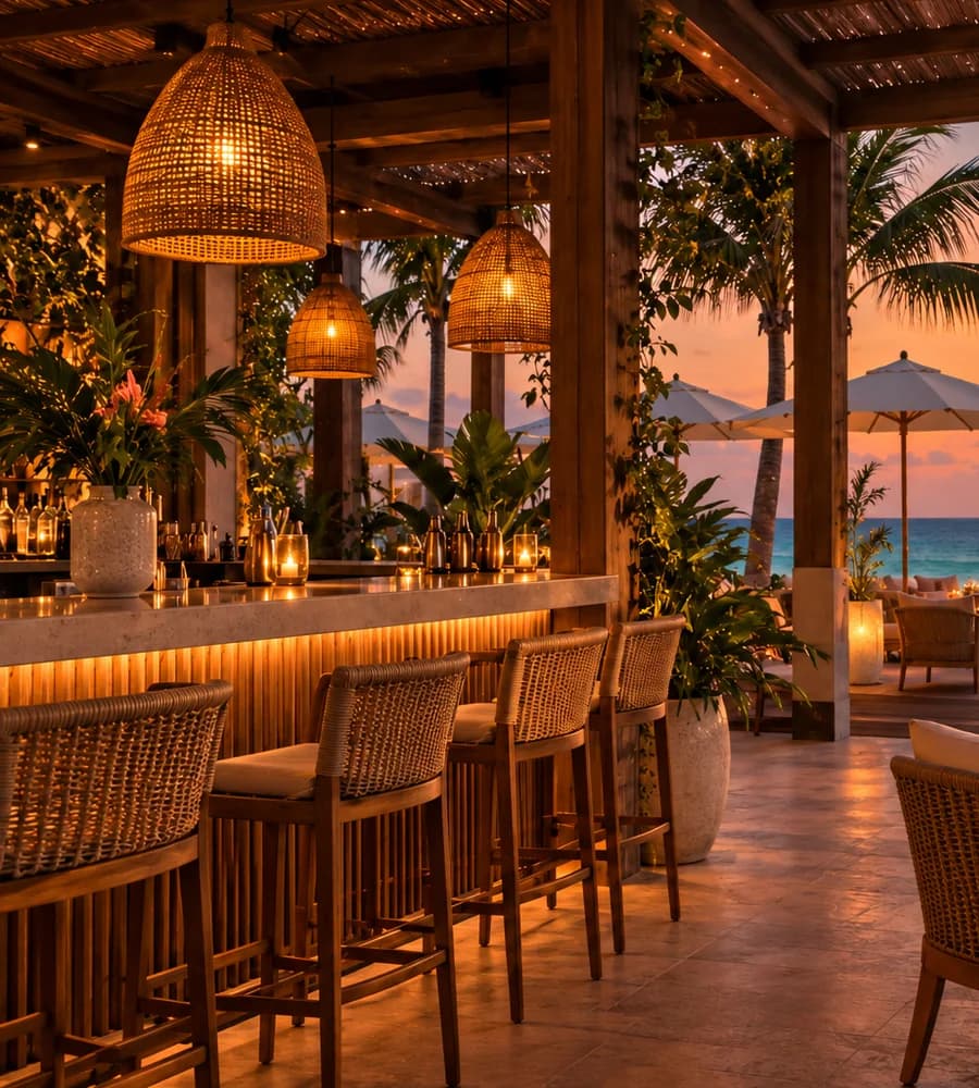 Warm sunset over a waterfront hospitality terrace