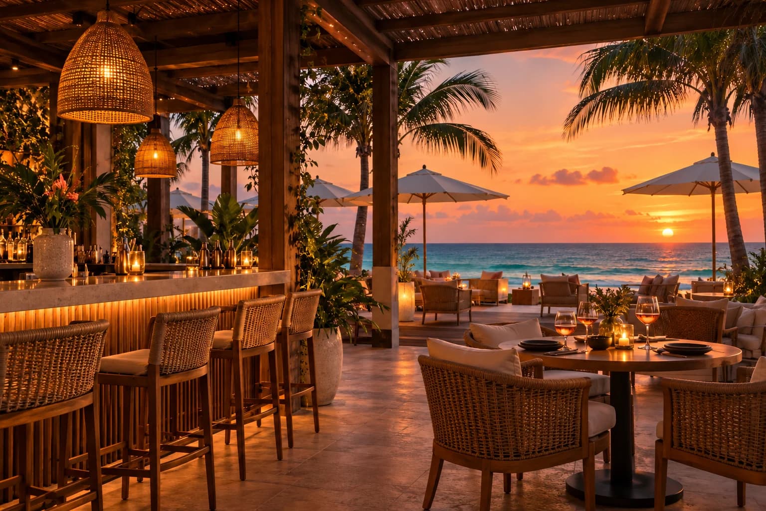 Warm sunset light across a quiet beachfront bar terrace, with palms and open tables